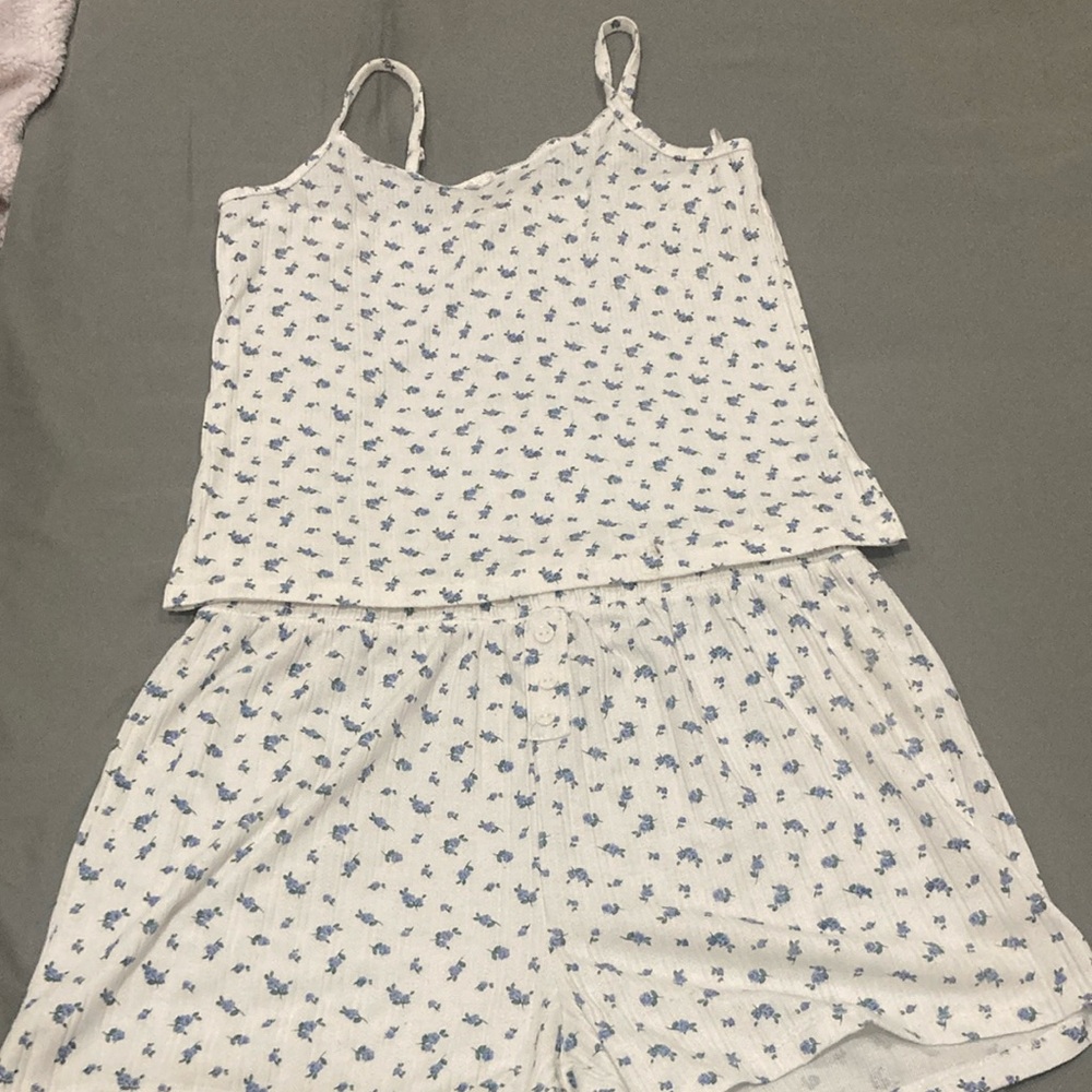 White and Blue Floral Pajama Set with Camisole Top